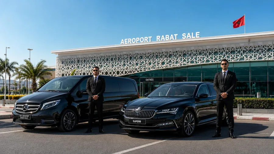 Taxi aéroport Rabat avec chauffeur privé devant l’aéroport Rabat-Salé