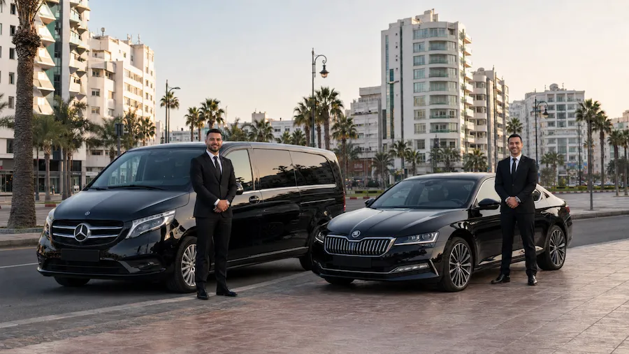 Chauffeur privé Casablanca : deux chauffeurs professionnels devant une Mercedes Classe V noire et une Skoda Superb noire